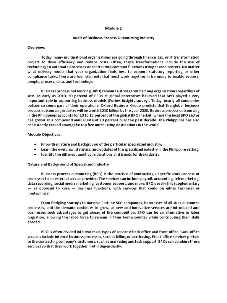 Audit Of Bpo Pdf Outsourcing Business Process