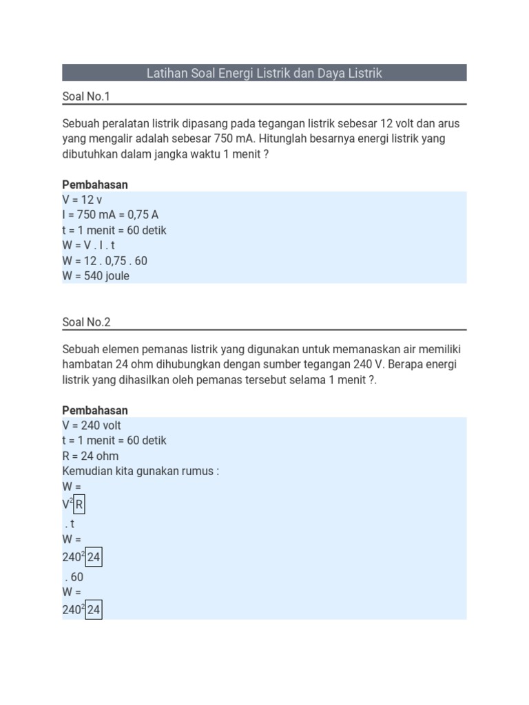 Latihan Soal Energi Listrik Dan Daya Listrik Sy | PDF