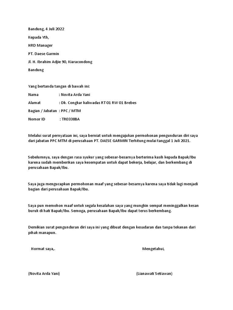 Surat Resign Word PDF