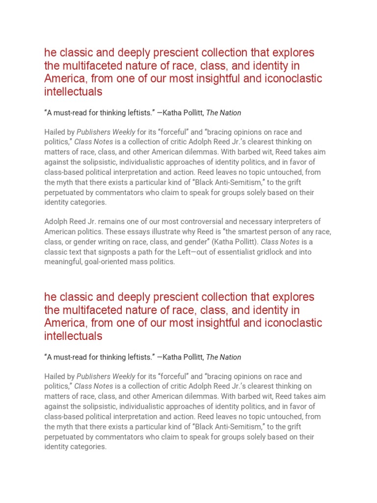 Adolph Reed Jr.'s Class Notes on Identity | PDF