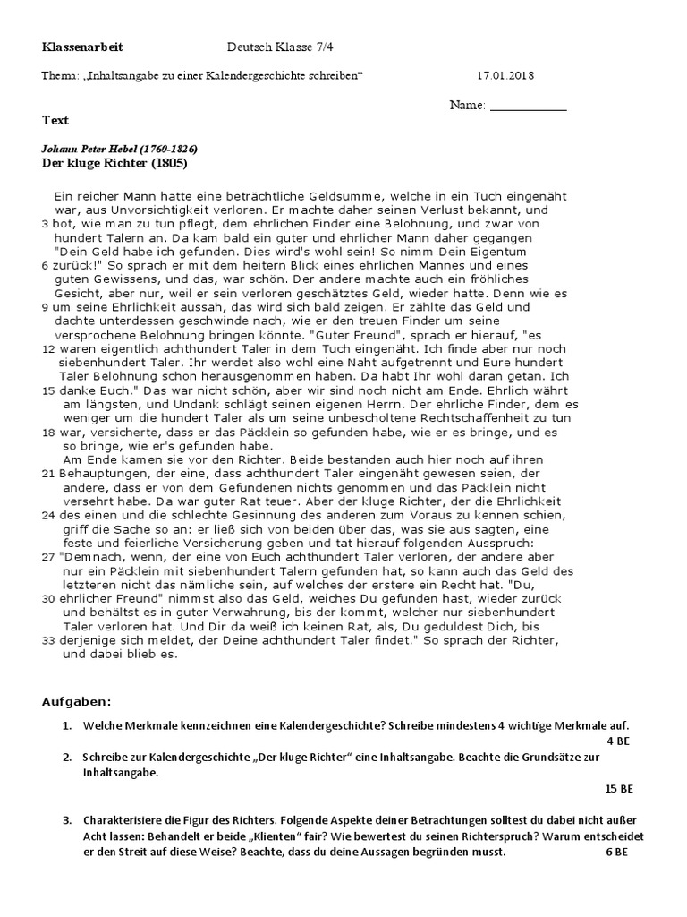 Klassenarbeit Kalendergeschichte Deutsch Klasse 7 PDF