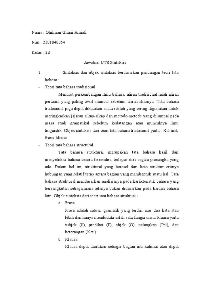 Uts Sintaksis | PDF | Seni & Disiplin Bahasa