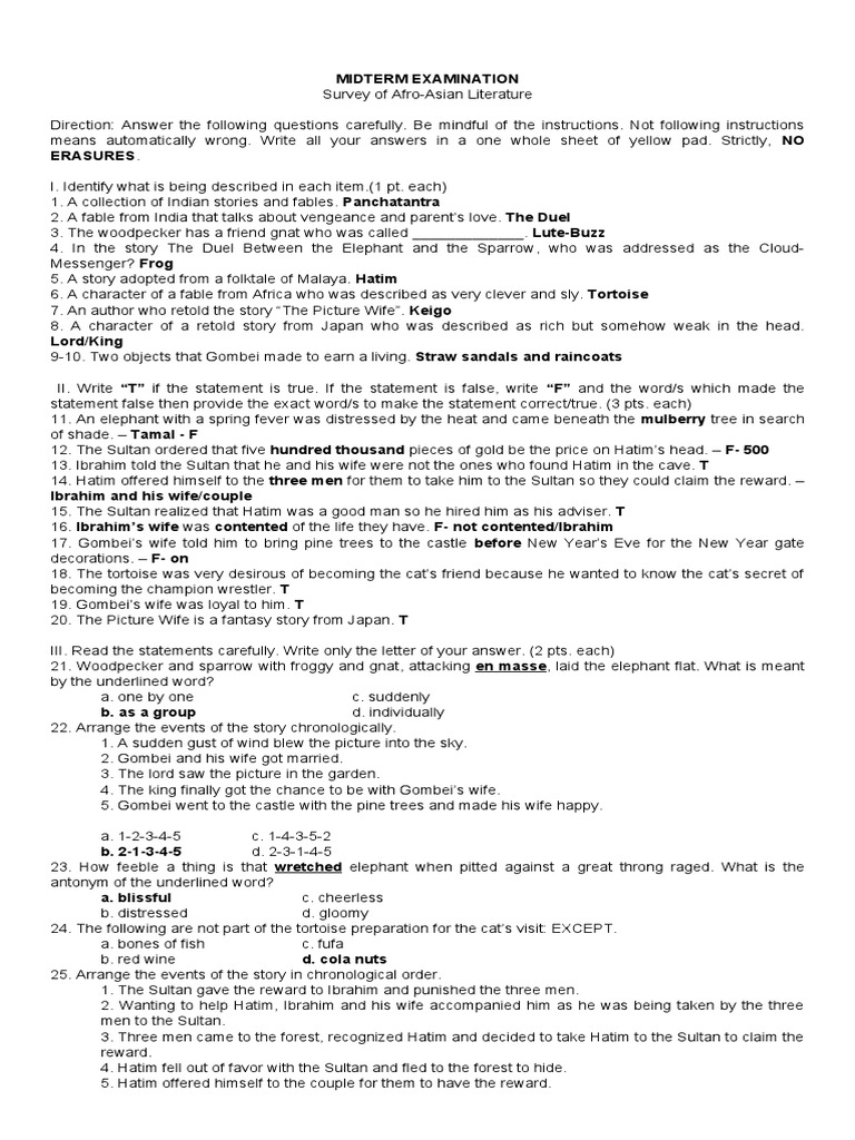 MIDTERM EXAMINATION - Survey of Afro-Asian Lit | PDF
