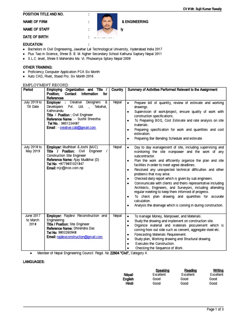Civil Engineer CV of Sujit Kumar Rasaily | PDF | Engineer | Consultant