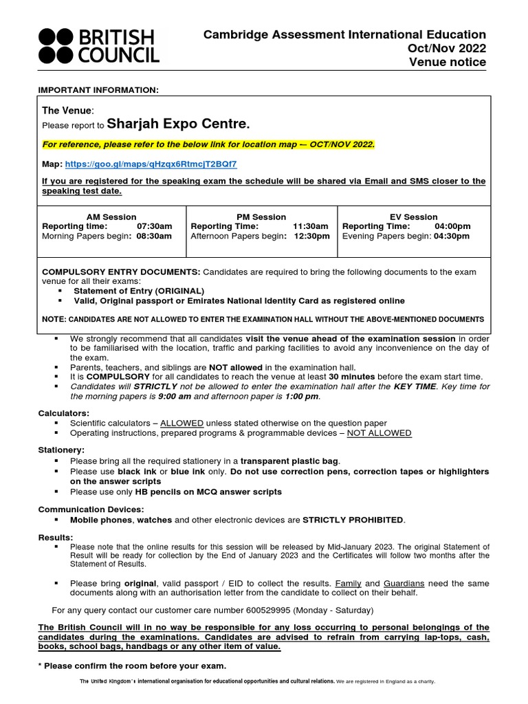 AE001-Cambridge OCT NOV 2022 Venue Notice | PDF | Test (Assessment)