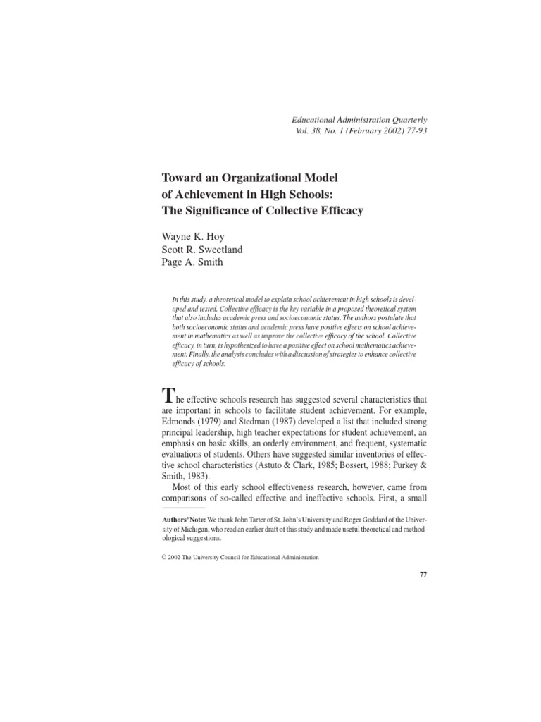 Hoy Et Al. - 2002 - Toward An Organizational Model of Achievement in H ...