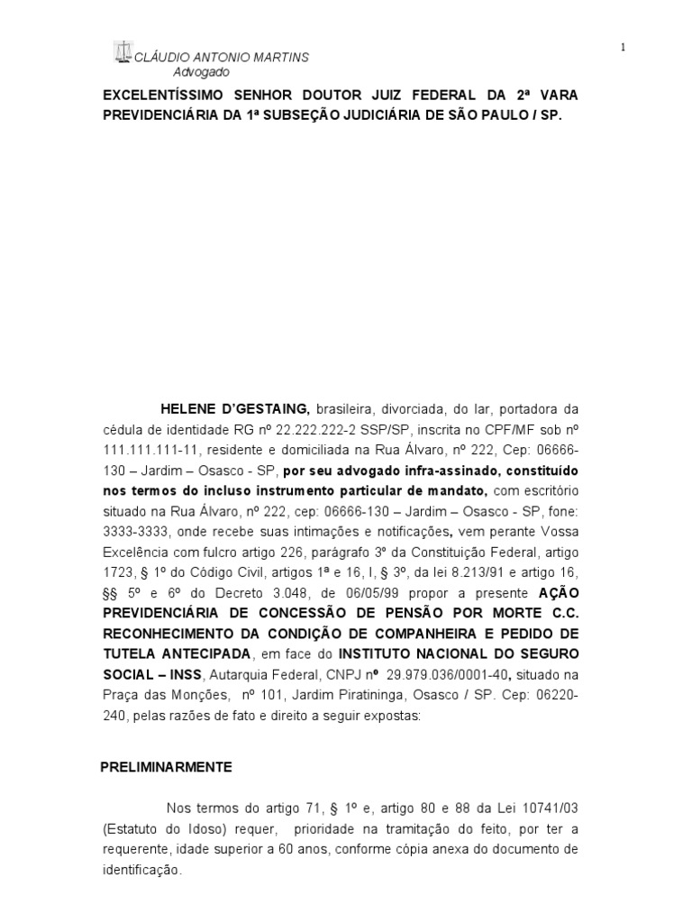Acao Ordinaria Com Tutela Antecipada (Pensao