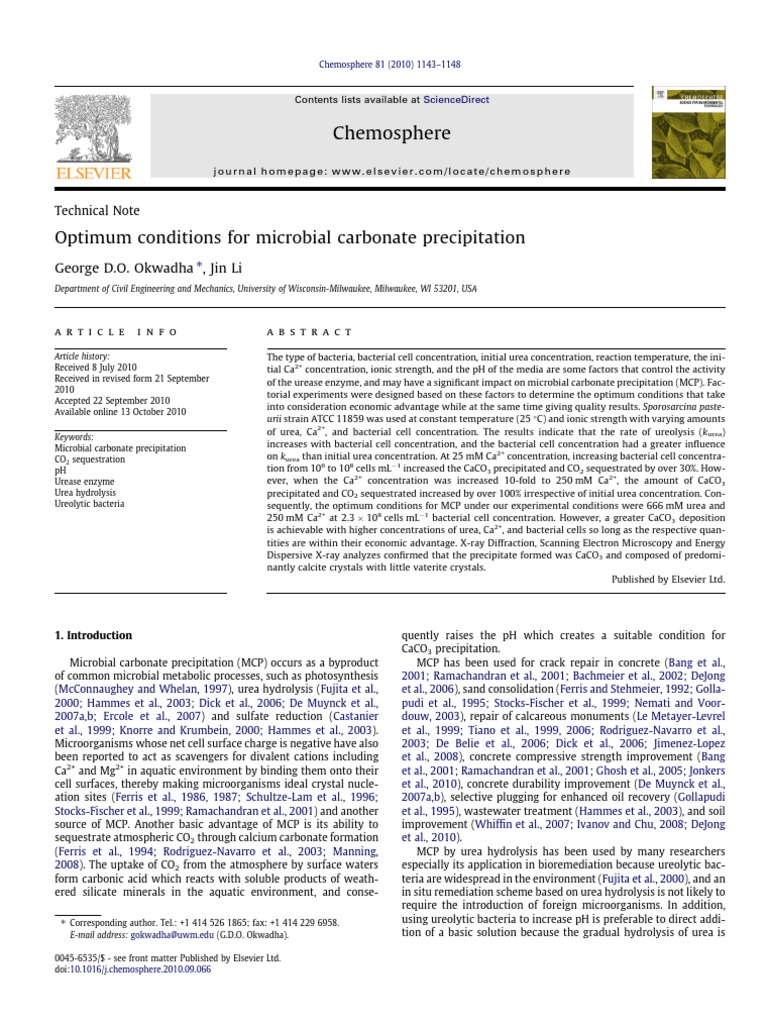 Optimum Conditions For Microbial Carbonate Precipitation PDF