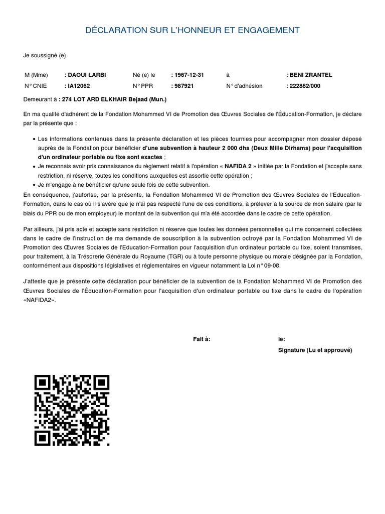 Déclaration Sur Honneur PDF