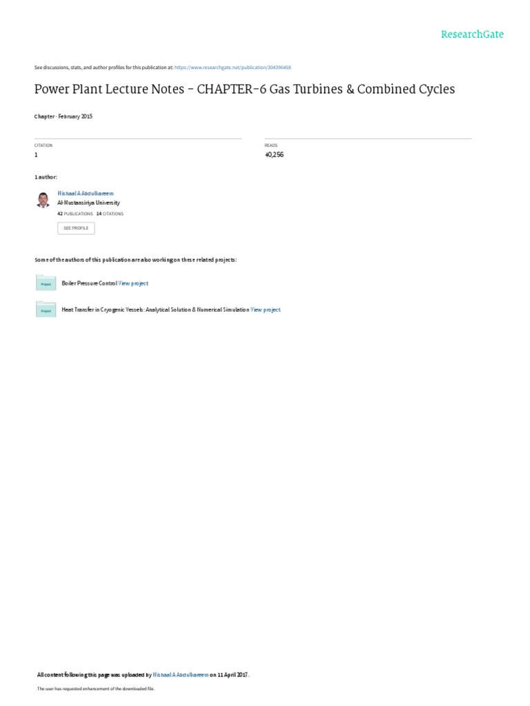Gas Turbines Combined Cycles Lecture Notes Tutorial Problems On The