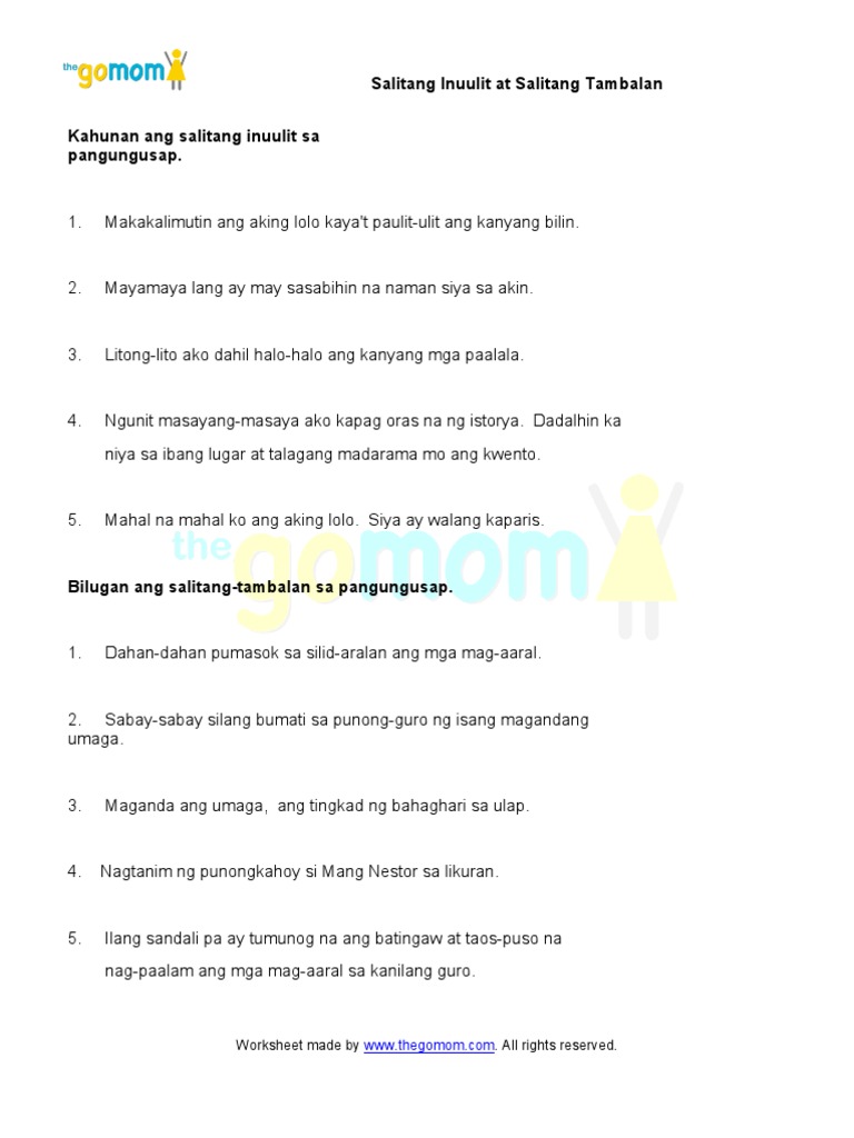 salitang inuulit at salitang tambalan 7 worksheets