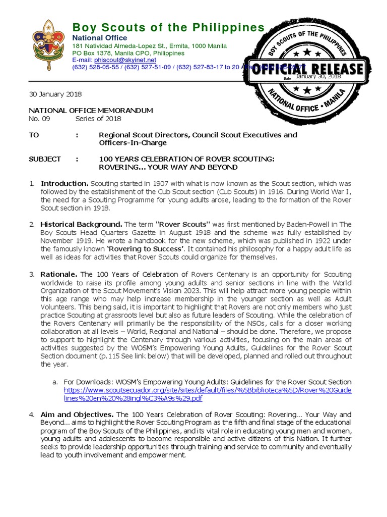 NO Memo No. 9 S. 2018 100 Years of Rover Scouting | PDF