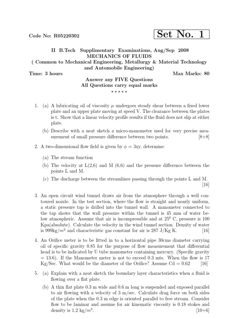 Mechanics of Fluids Exam Questions | PDF | Fluid Dynamics | Boundary Layer