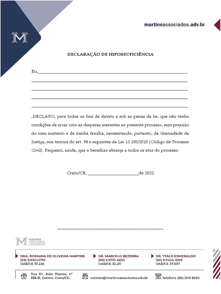 Declaracao De Hipossuficiencia Para Cartorio