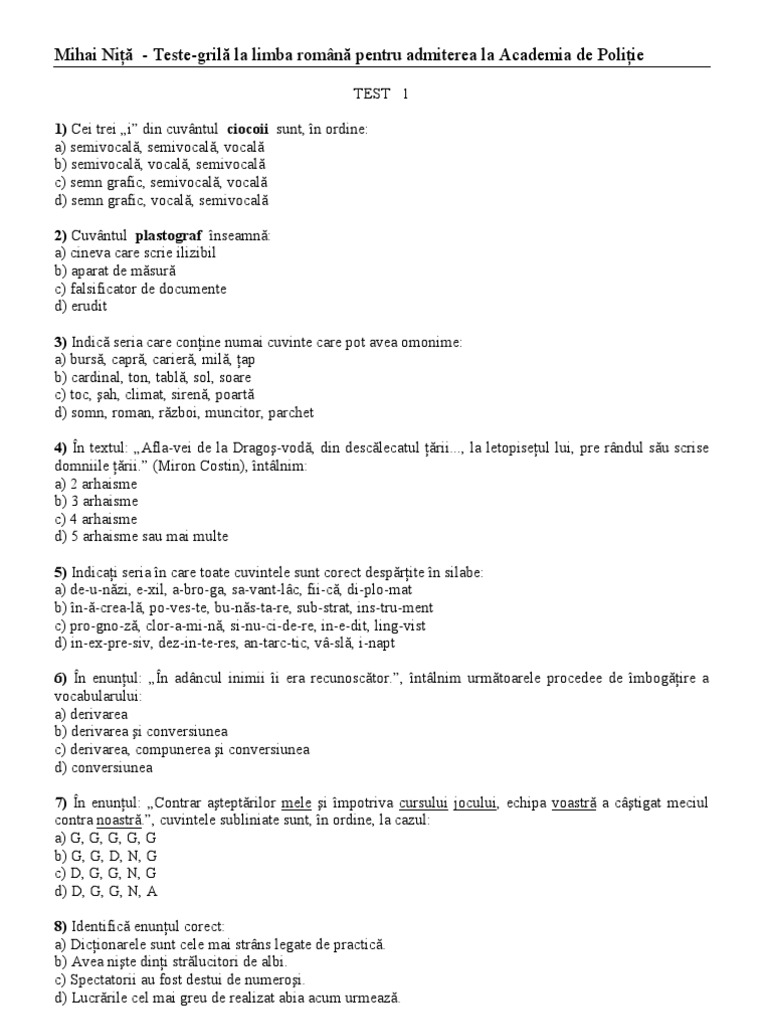 Teste Grila La Limba Romana Pentru Academia De Politie