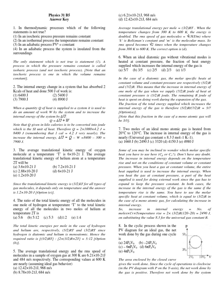 Thermodynamics Answer Key Gases Temperature