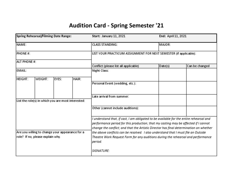 Spring 2021 Audition Card Details | PDF