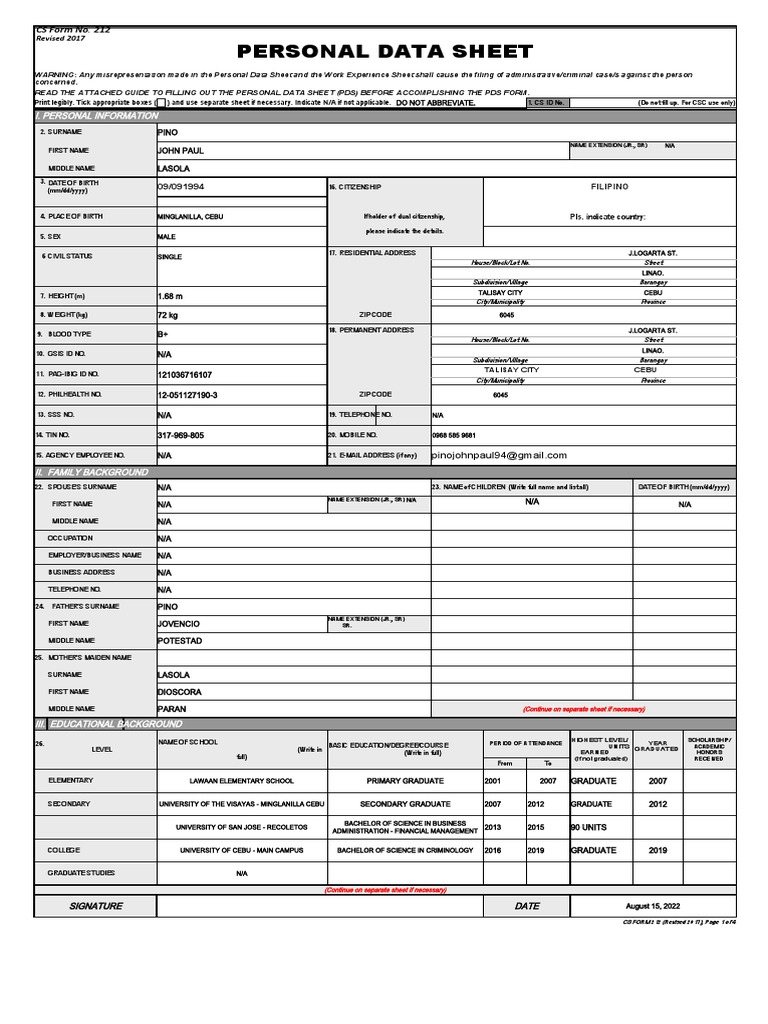 Csc form no 212 revised personal data sheet pdf social