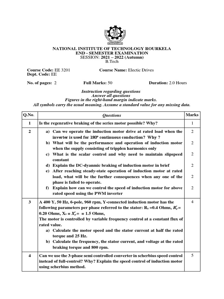 B.Tech Exam: Electric Drives EE 3201 | PDF | Technology & Engineering