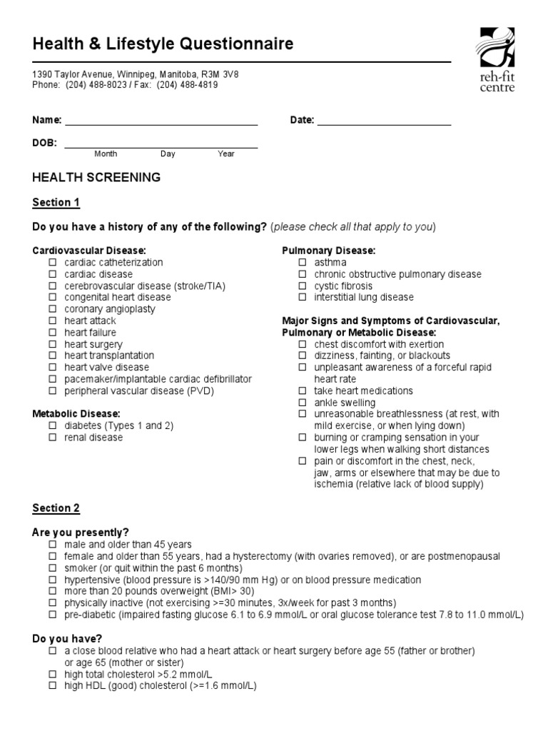 Healthy Lifestyle Questionnaire PDF Heart Cardiovascular Diseases
