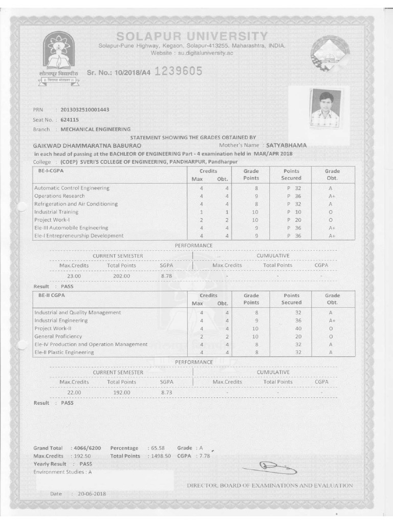 BE Marksheet | PDF