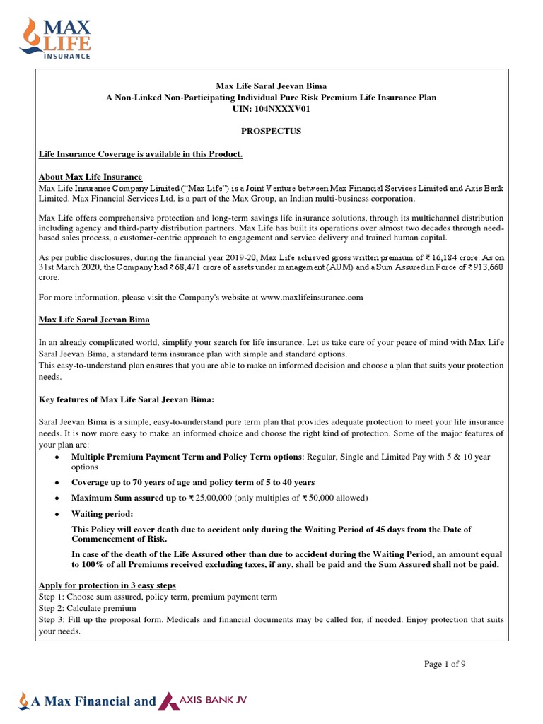 Max Life Saral Jeevan Bima Prospectus | PDF | Insurance | Life Insurance