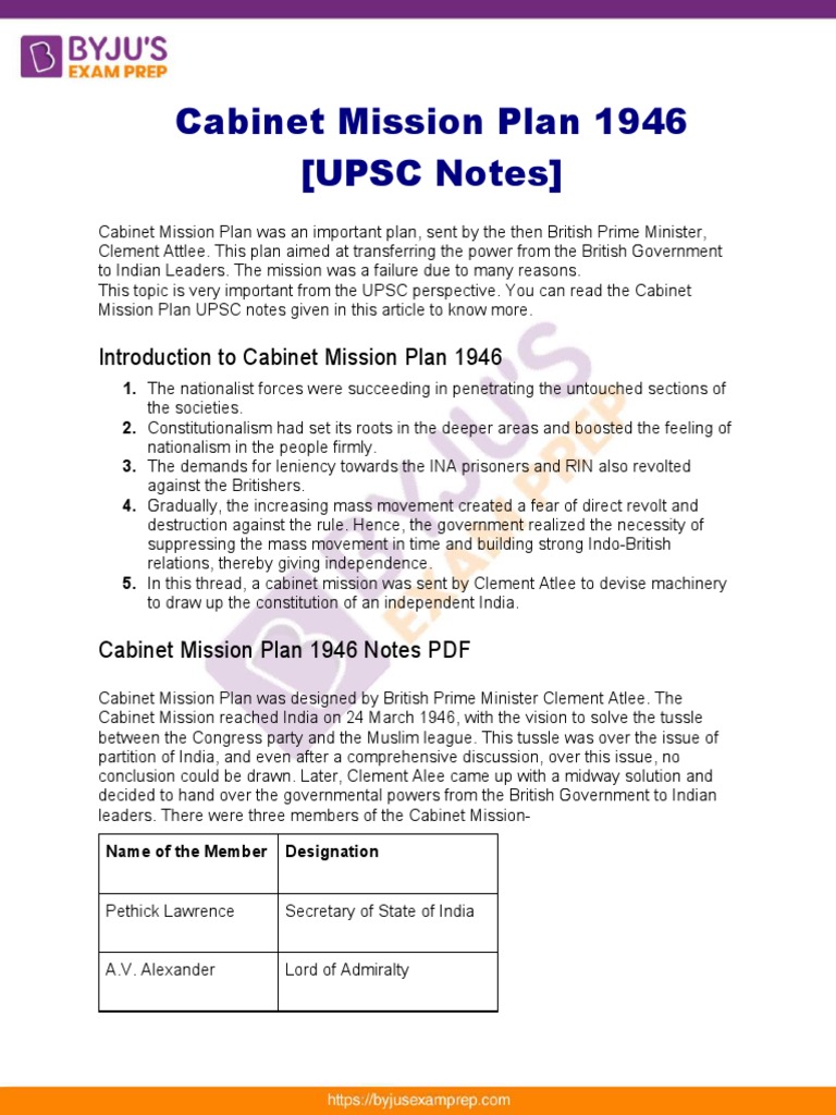 Cabinet Mission Plan 1946 Upsc Notes 32 | PDF | Partition Of India ...