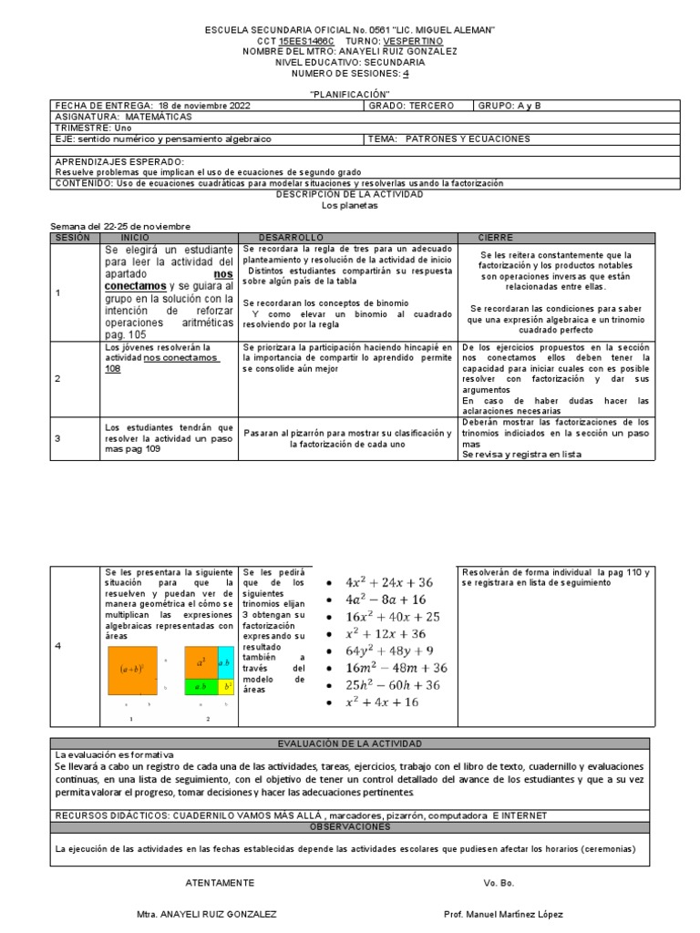 Planificación de Matemáticas: Ecuaciones Cuadráticas | PDF ...