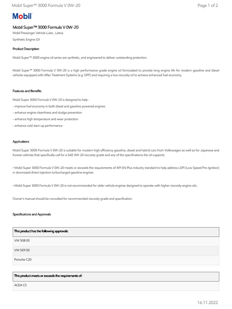 Mobil Super 3000 Form V 0w20 | PDF