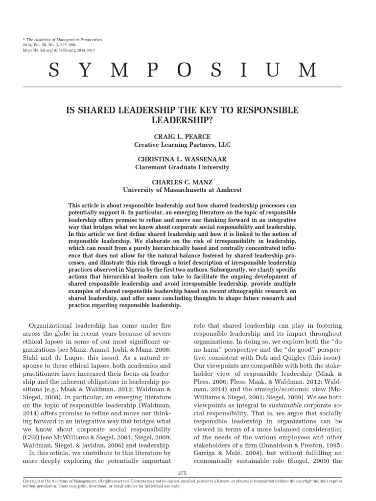 Pearce Et. Al (2014) Is Shared Leadership The Key To Responsible ...