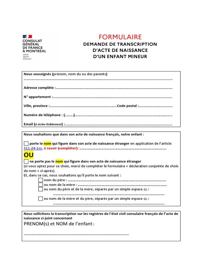 Demande de transcription acte de naissance | PDF | Sciences sociales