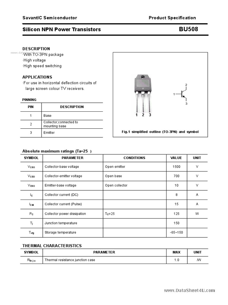 BU508 SavantIC | PDF | Bipolar Junction Transistor | Transistor