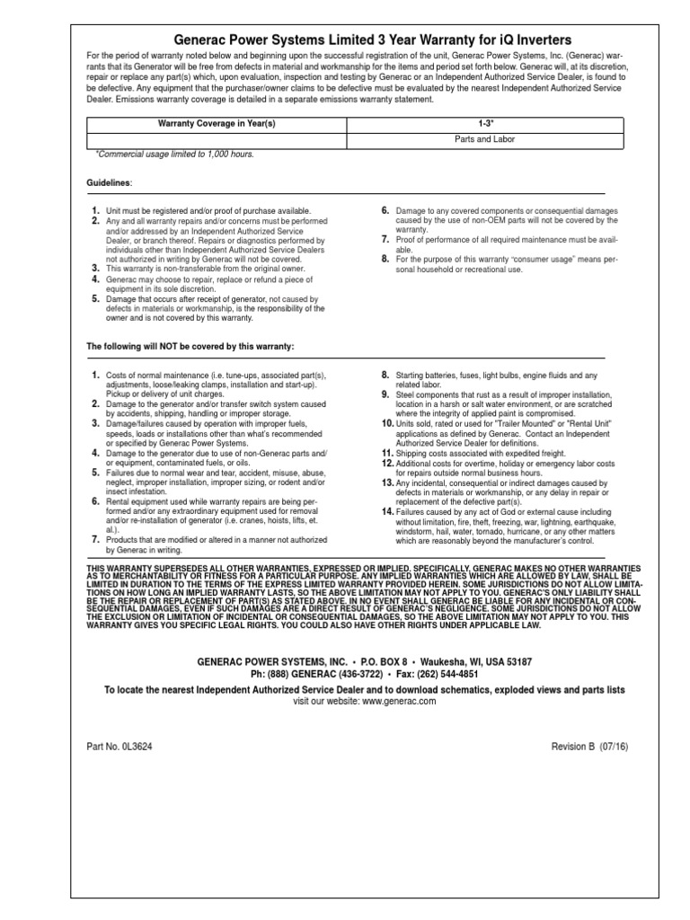 Generac power systems limited 3 year warranty for iq inverters terms