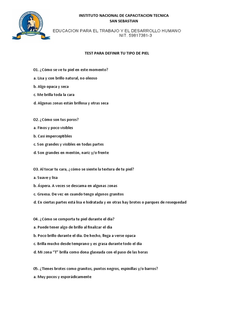 Test para Definir Tipo de Piel | PDF | Arte | Relaciones personales ...
