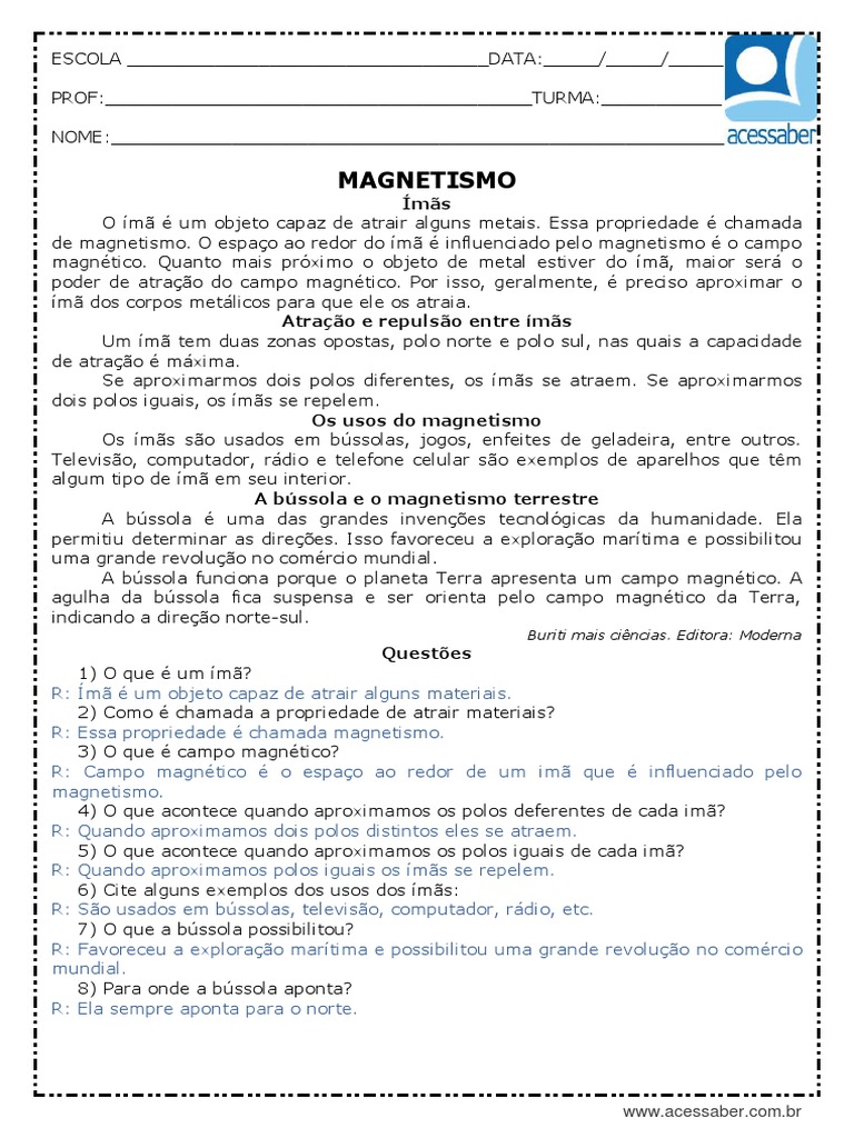 Atividades de Magnetismo para 5º Ano | PDF