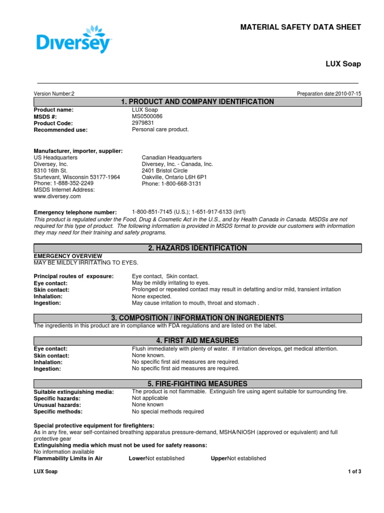 Johnson Diversey 2979831 LUX Bar Hand Soap MSDS PDF Safety