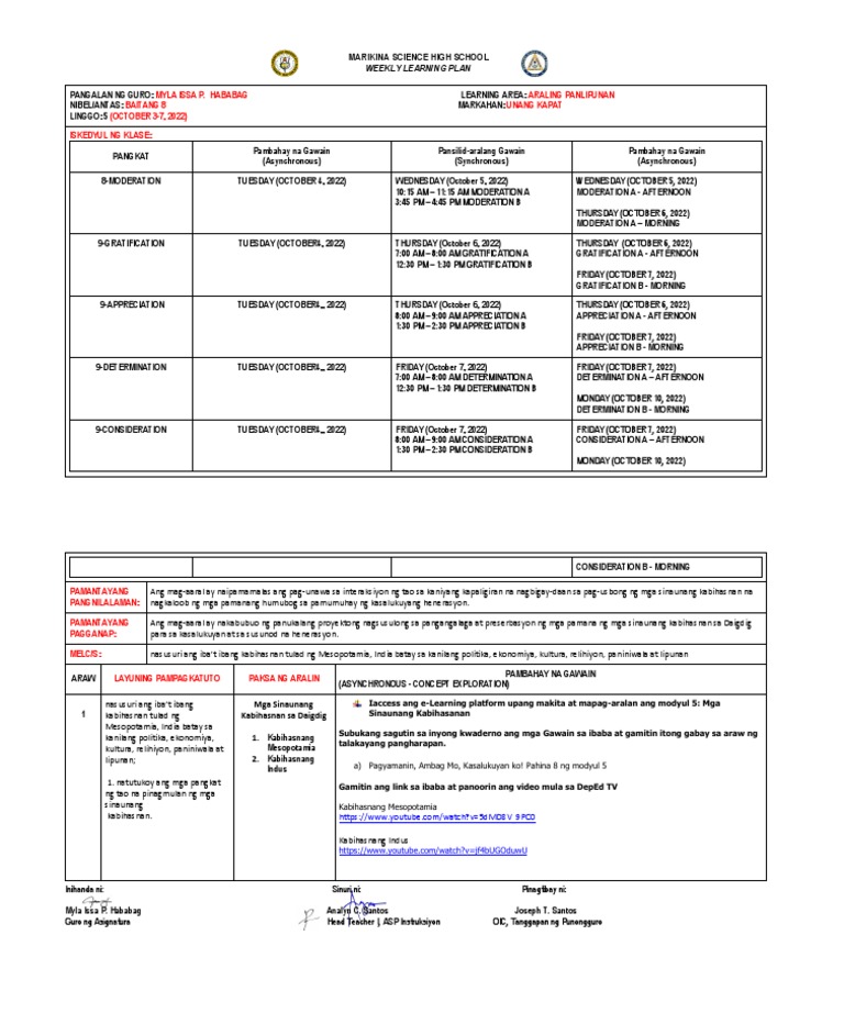 Marikina Science High School Weekly Learning Plan PDF