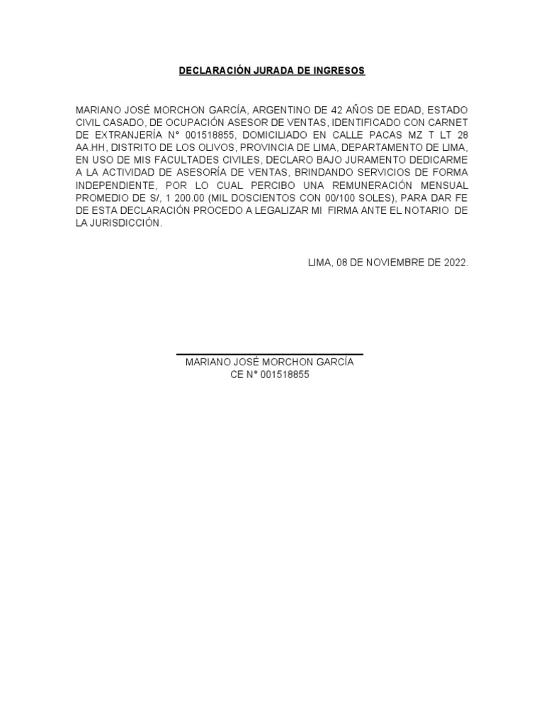 Declaración Jurada de Ingresos | PDF