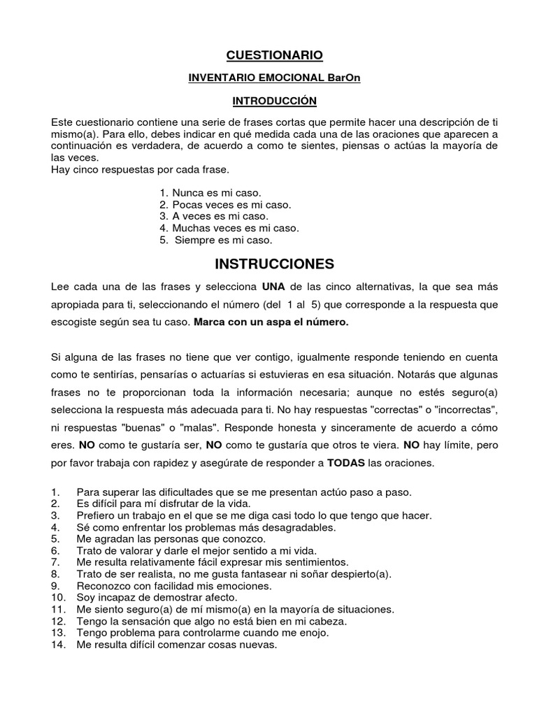 CUESTIONARIO BarOn | PDF | Sicología | Las emociones