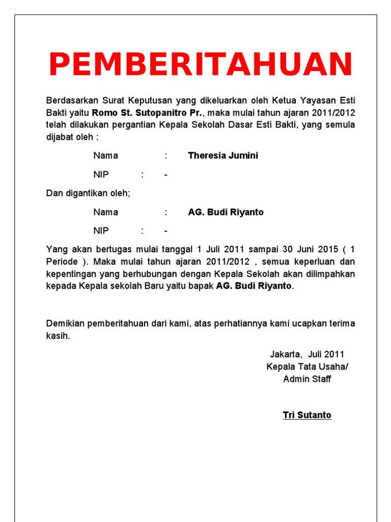 Contoh Surat Pemberitahuan Pergantian Jabatan Pendidikan Melaka  IMAGESEE