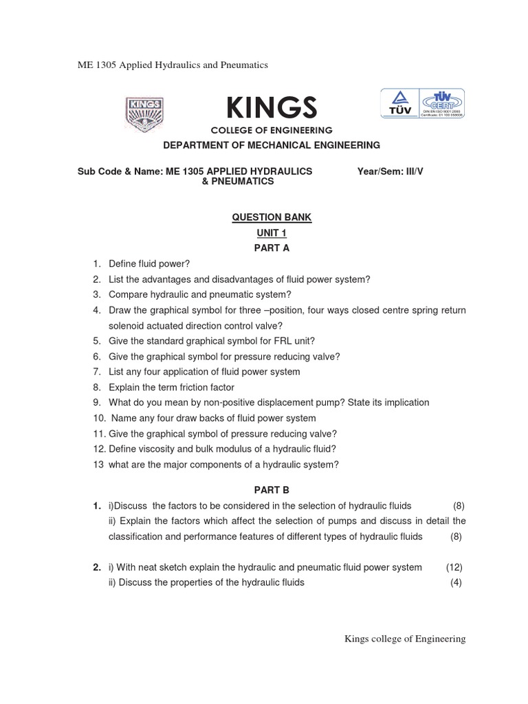 ME 1305 Applied Hydraulics and Pneumatics PDF Pump Valve