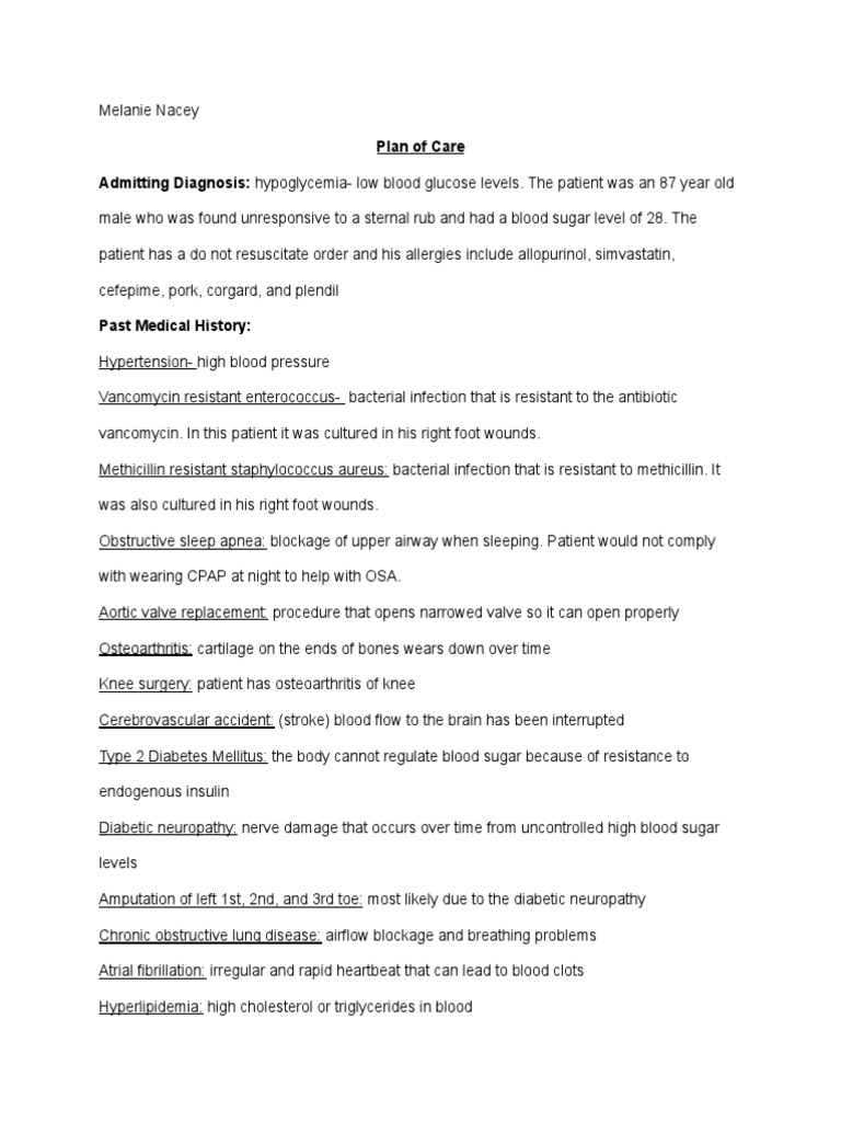 Plan of Care 1 PDF Hypoglycemia Physiology