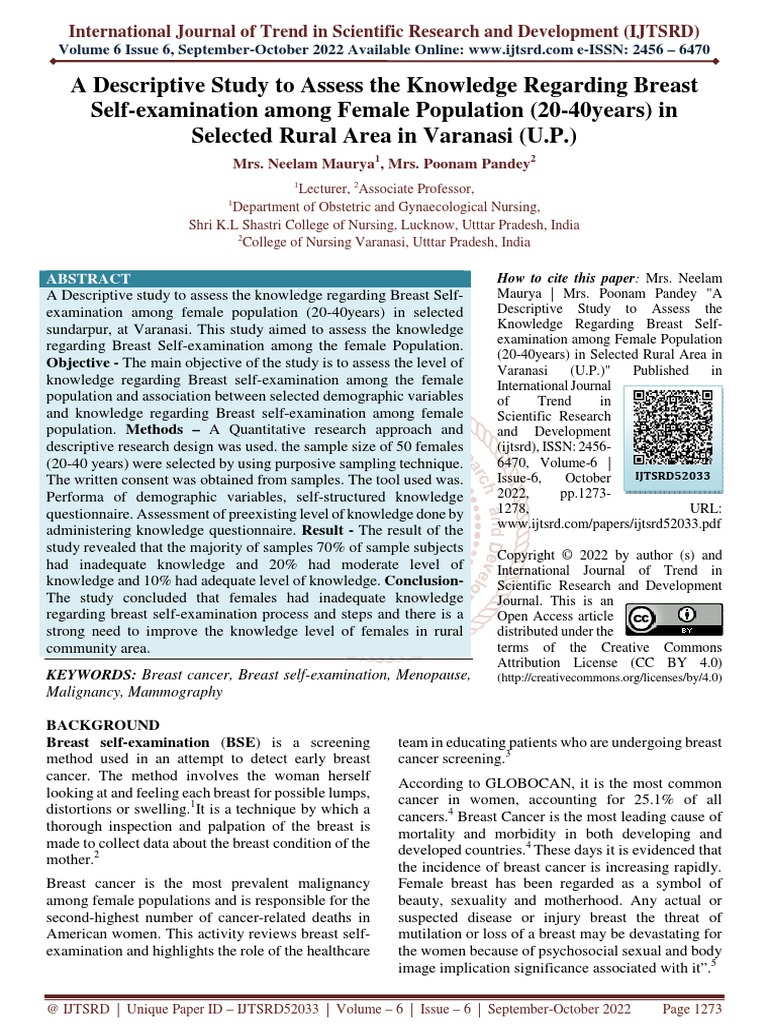 A Descriptive Study To Assess The Knowledge Regarding Breast Self ...