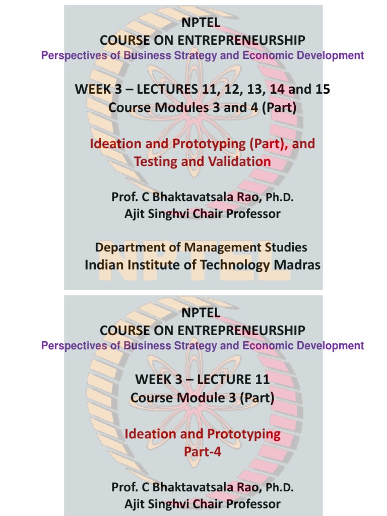 Nptel Course On Entrepreneurship Ideation and Prototyping (Part), and