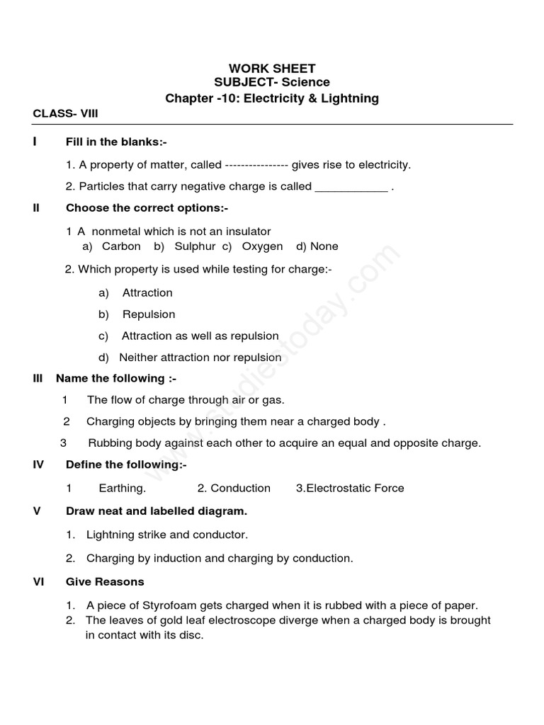 Class 8 Science Test - Elec. & Light | PDF | Electric Charge ...