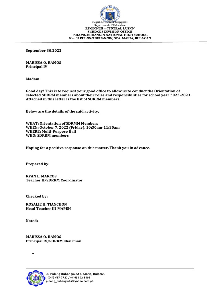 Request for SDRRM Orientation Approval | PDF