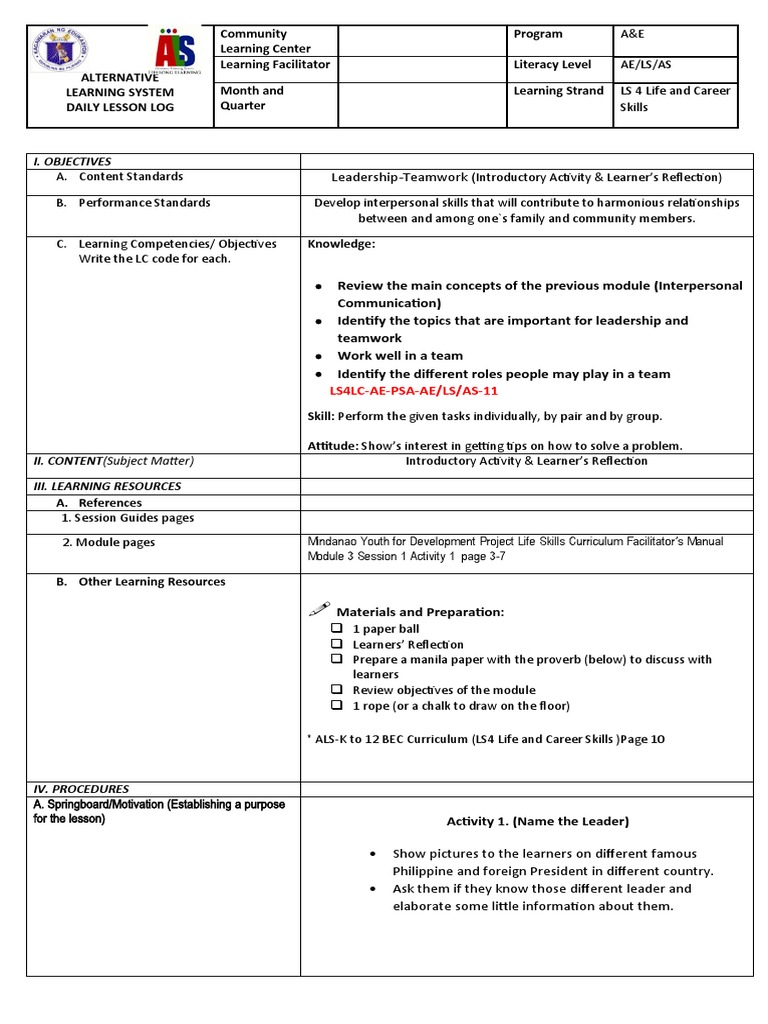 Daily Lesson Log: Leadership Skills | PDF | Learning | Leadership