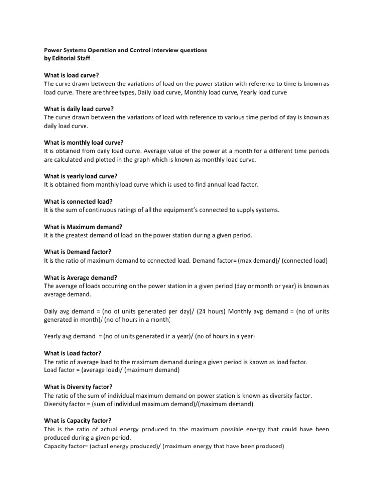 Power Systems Operation and Control Interview Questions Download Free
