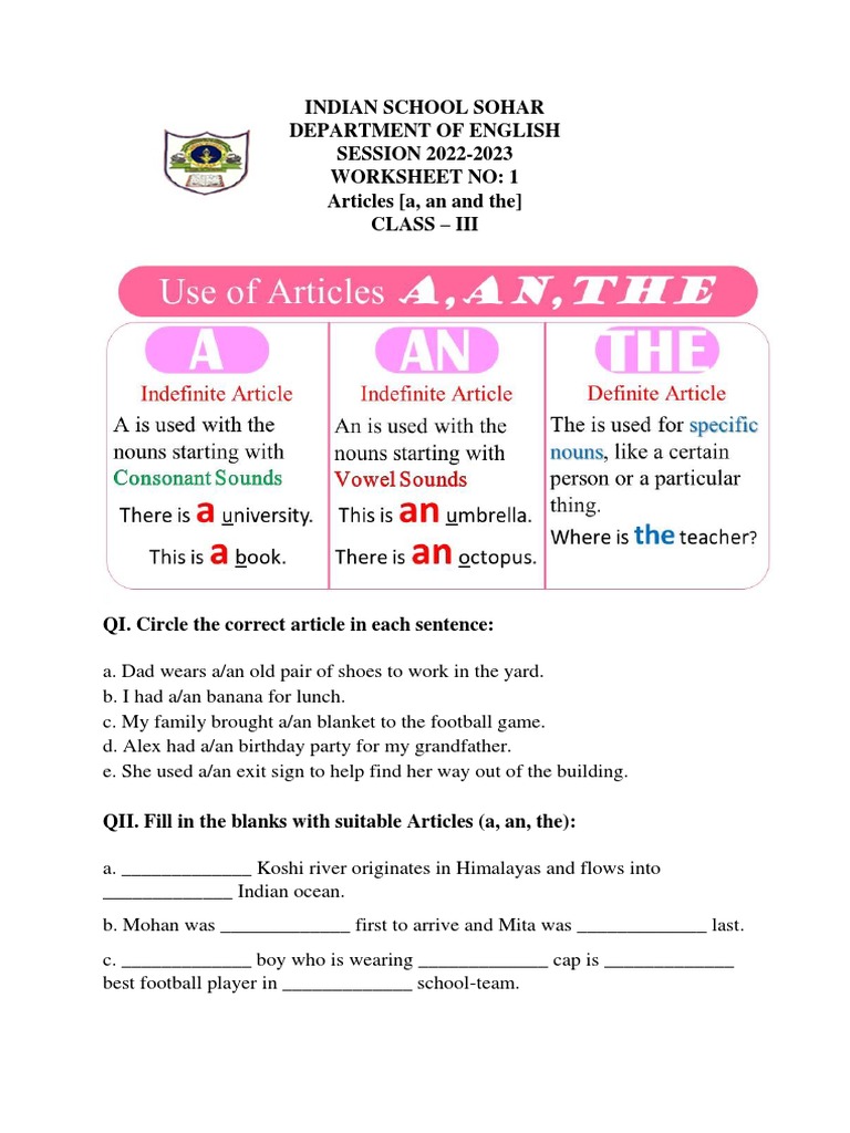 Class 3 Articles Worksheet | PDF | Travel | Language Arts & Discipline