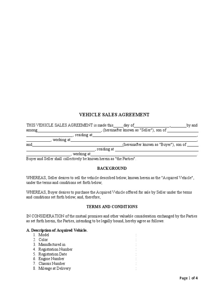 Vehicle Sales Agreement Template PDF